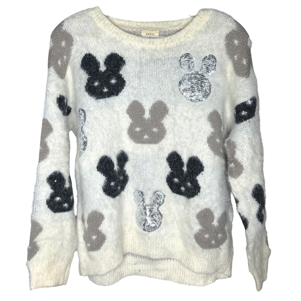 Debut XS Fuzzy‎ Bunny Rabbit Knit Sweater Sequin Applique Crew Neck Long Sleeve